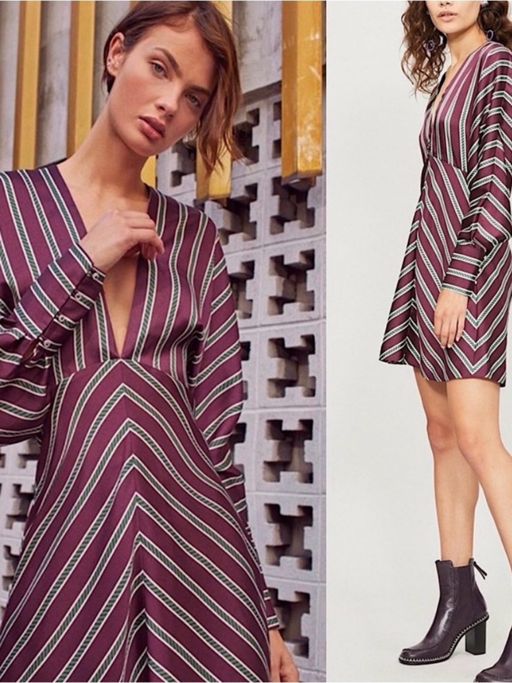 ALEXIS Burgundy Stripe Satin Puff Long Sleeve Plunge V-Neck Empire Waist Dress M